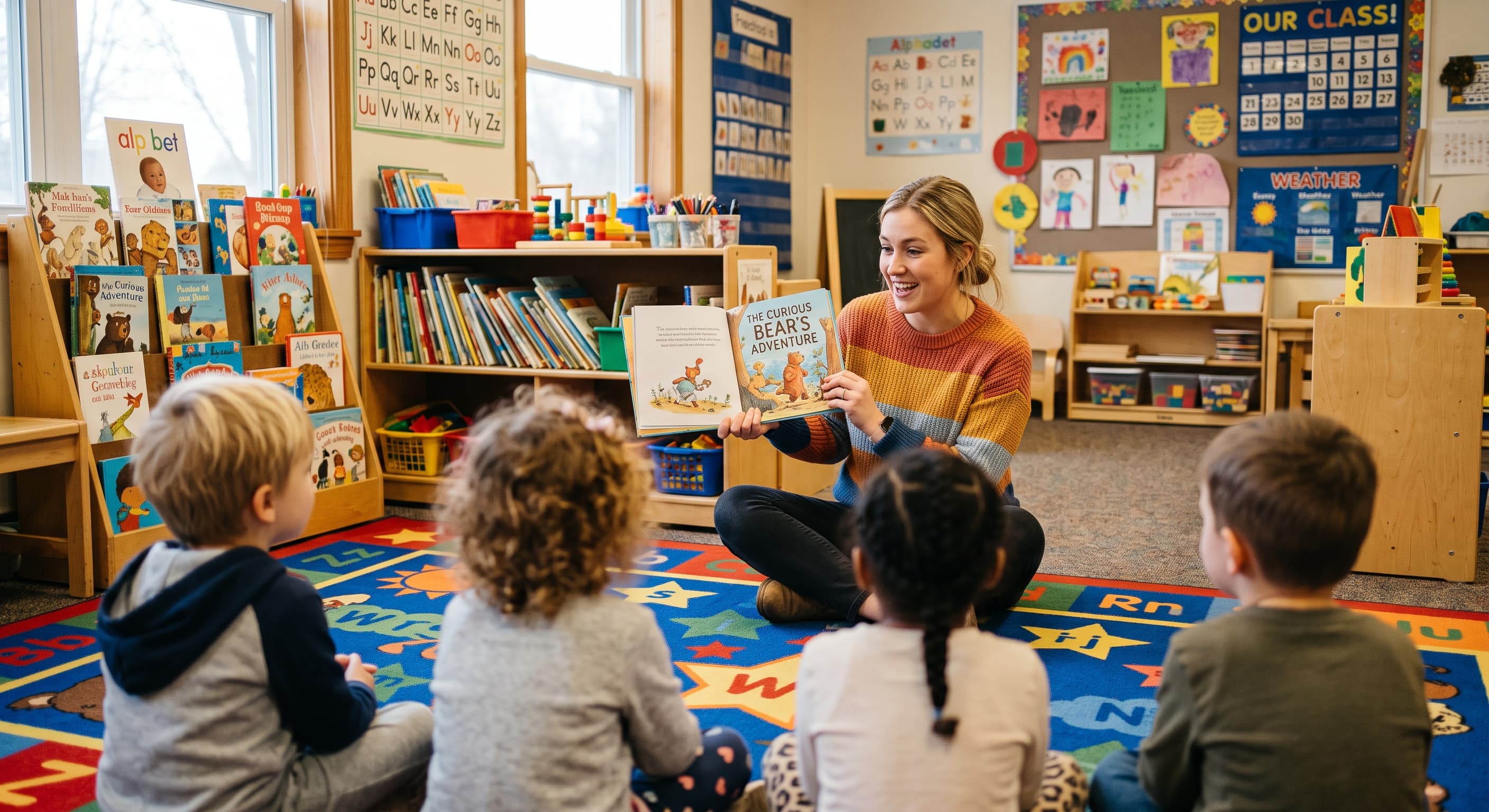Maestra leyendo a sus alumnos de preescolar